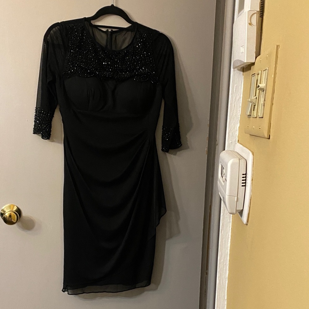 Xscape Black Long Sleeve Dress with Beaded Detail